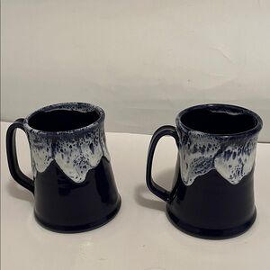 2 Drip glazed blue and white finish signed pottery mugs.
